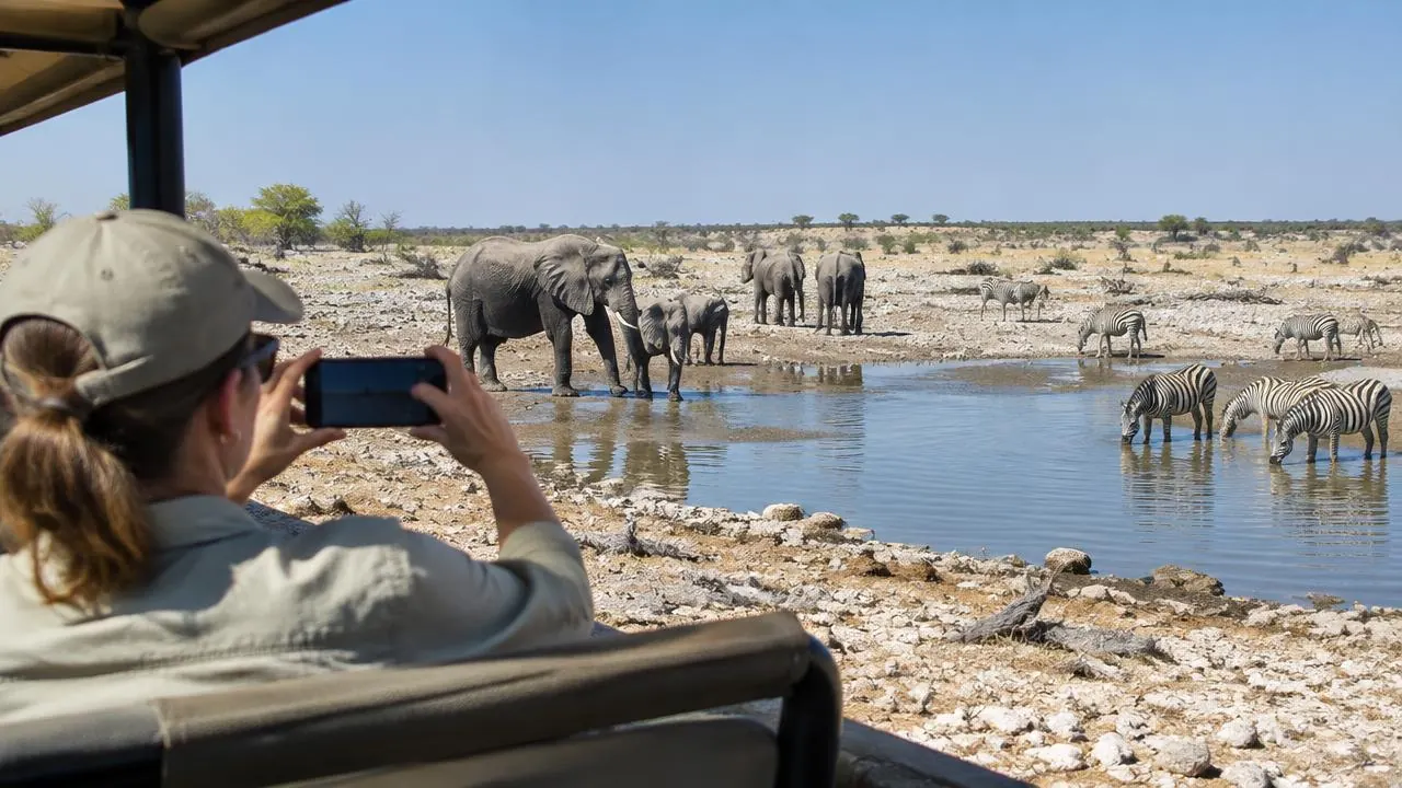 Safari-Gast fotografiert Elefanten und Zebras an einem Wasserloch im Etosha-Nationalpark