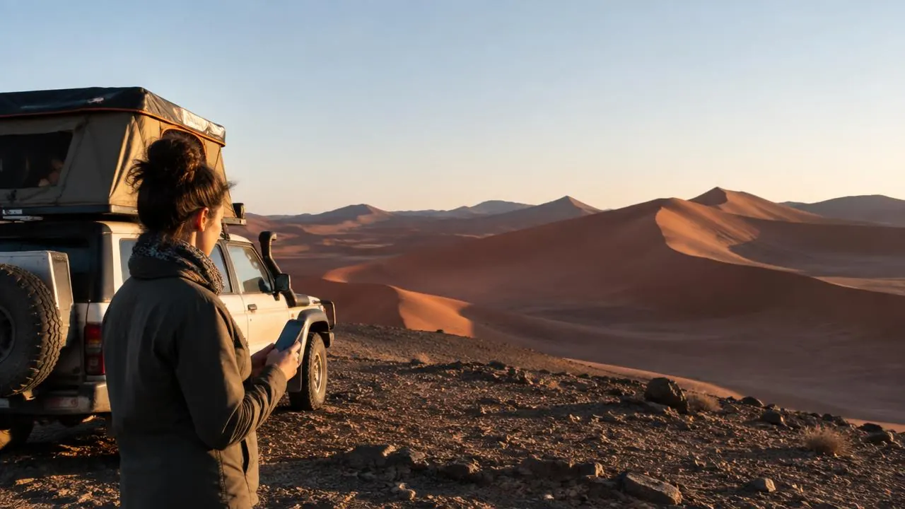 Reisender mit Smartphone neben einem Geländewagen in den roten Dünen von Sossusvlei, Namibia