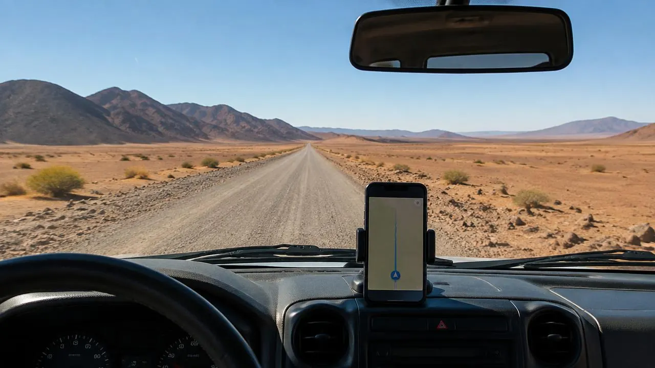 Geländewagen auf einer Schotterpiste in der Namib mit Navigation auf dem Smartphone