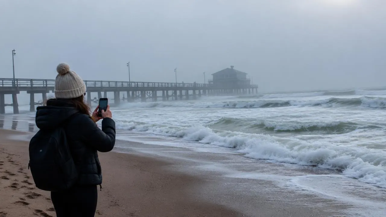 Reisende mit Smartphone am nebligen Strand von Swakopmund