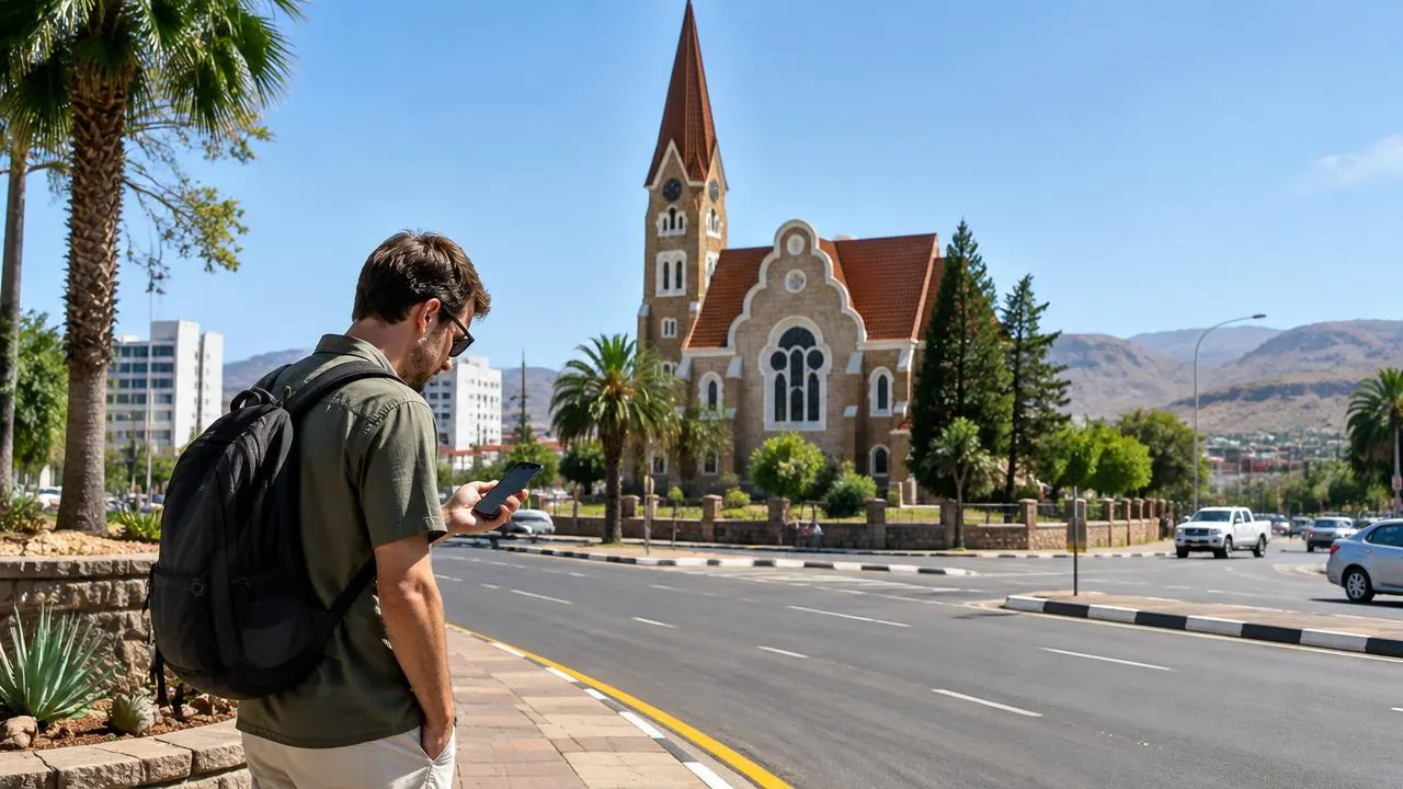 Reisender mit Smartphone vor der Christuskirche in Windhoek